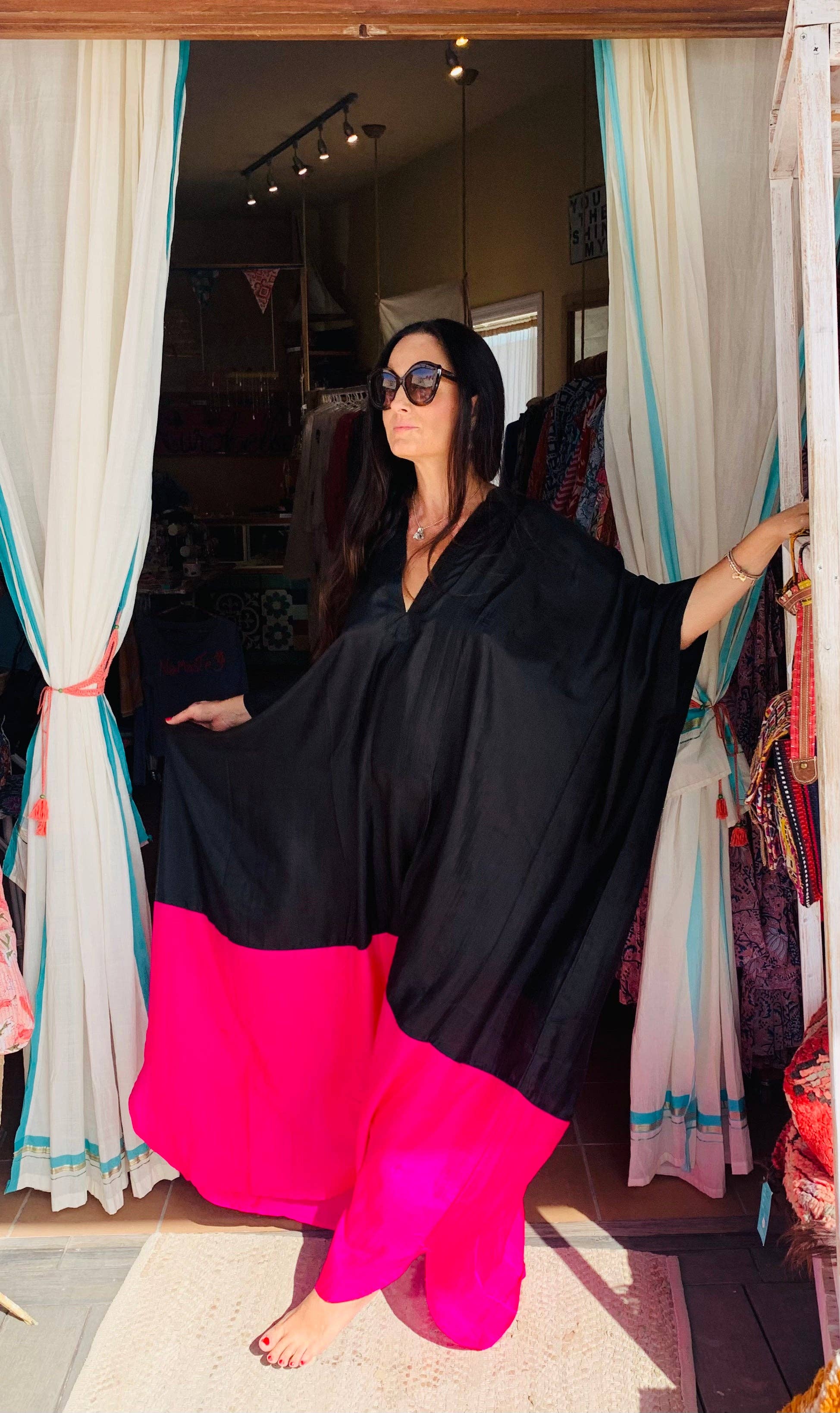 Exclusive luxury Silk kaftan -Black & pink for wholesale on Faire0