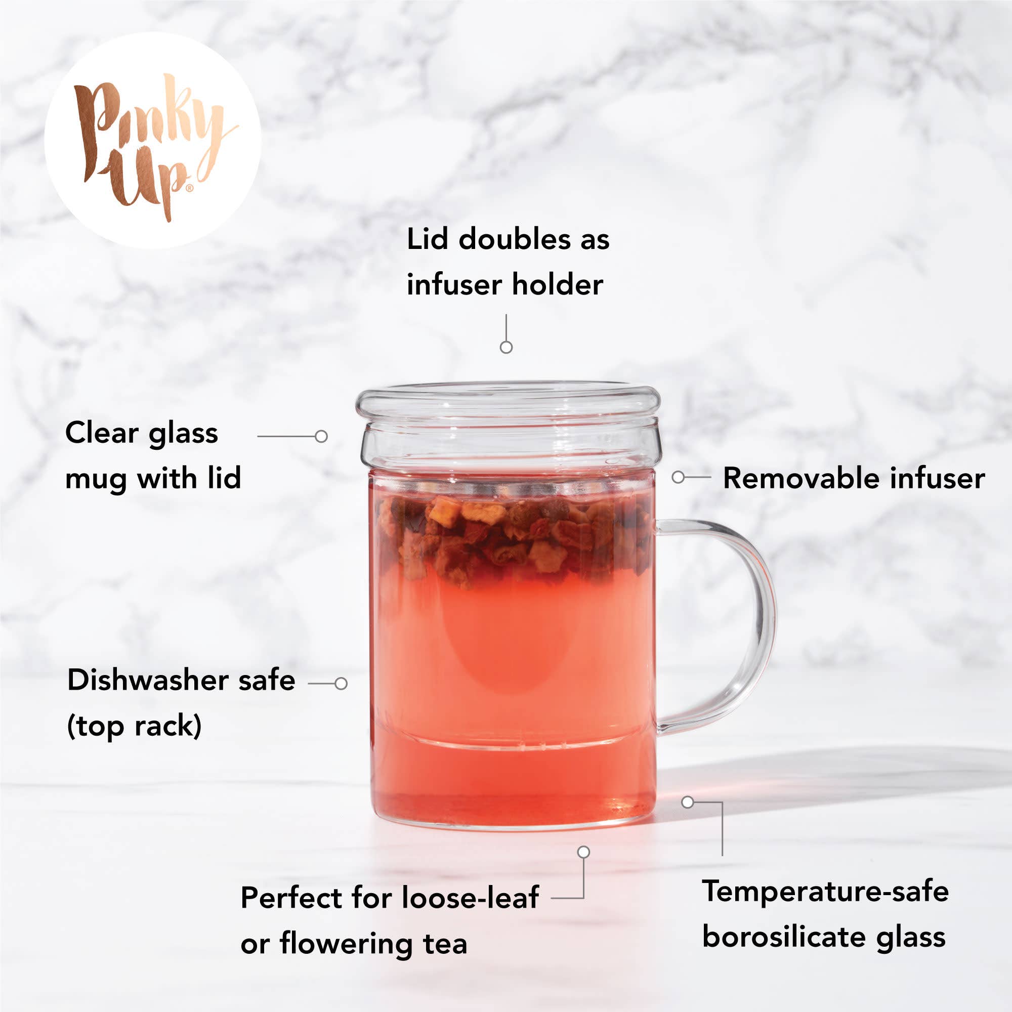 Pinky Up - Wholesale Tea Strainer/Infuser - Blake™ Glass Loose Leaf Tea Infuser Mug with Lid5