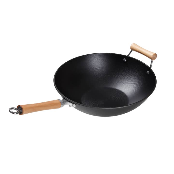 Joyce Chen 14 In Cast Iron Flat Bottom Wok with Maple Handle for wholesale by Kitchen Supply