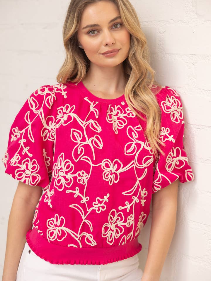 35867 Floral Embroidered Short Bubble Sleeve Top for wholesale by VOY
