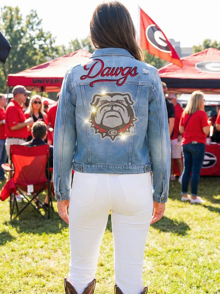 University of Georgia Bulldog Logo & Dawgs Script Blå Denimjakke for engroshandel hos Moving Forward Designs