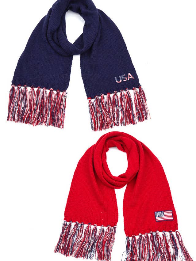 C.C American USA Flag Patch Knit Scarf with Tassels for wholesale by Hana