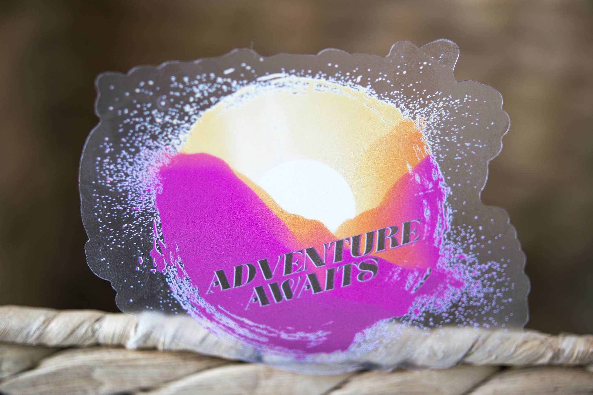 Savannah and James Co - Wholesale Sticker - Adventure Awaits, Sunset Clear Vinyl Sticker, 3in.1