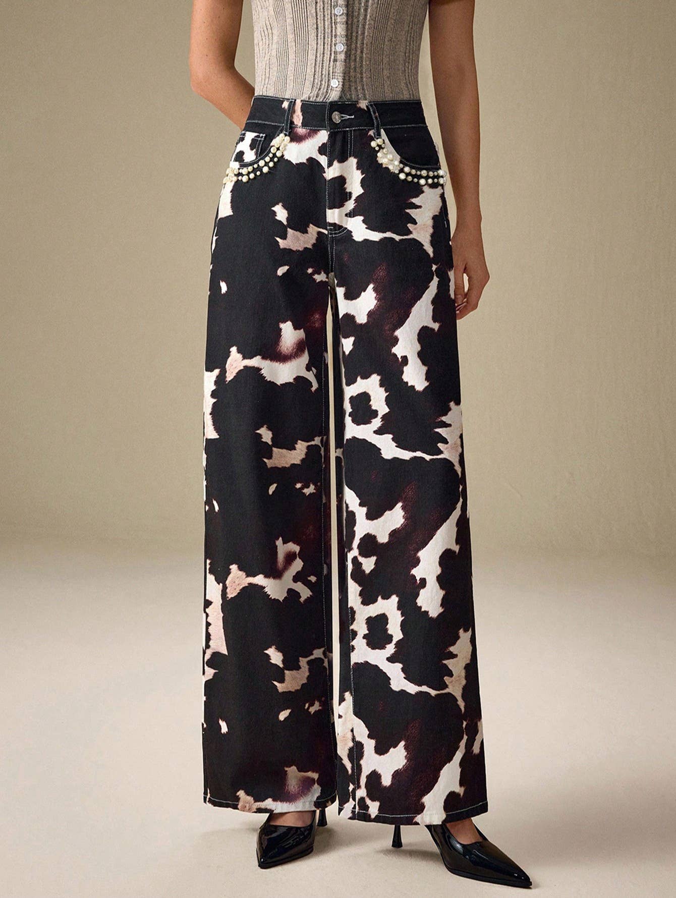 Picture Color Pearl Trim Printed Denim Pants for wholesale on Faire4