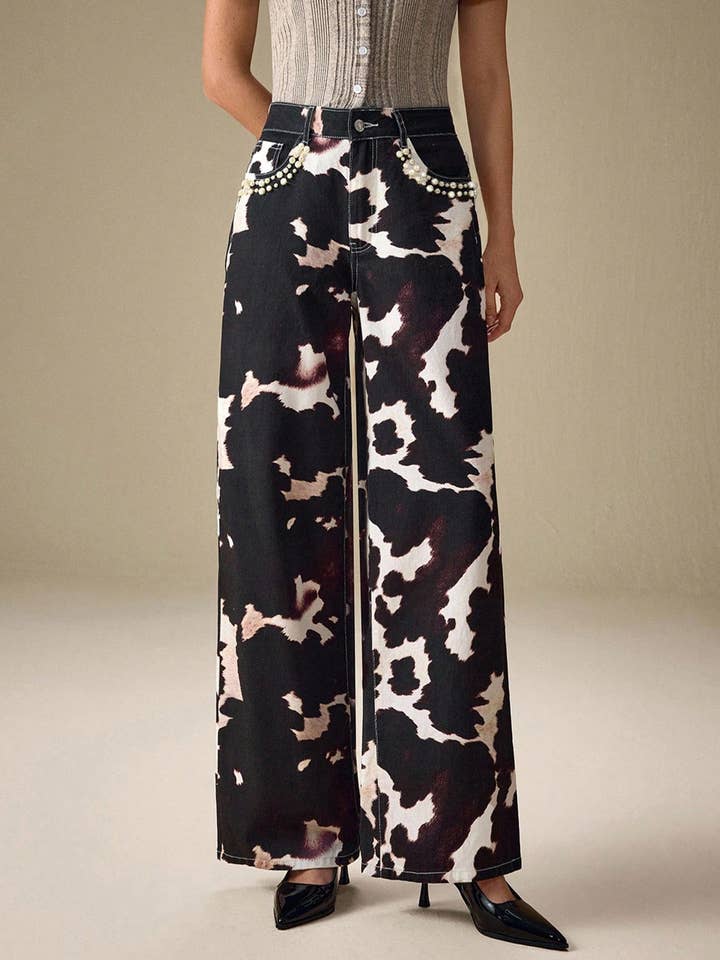 Picture Color Pearl Trim Printed Denim Pants for wholesale on Faire4