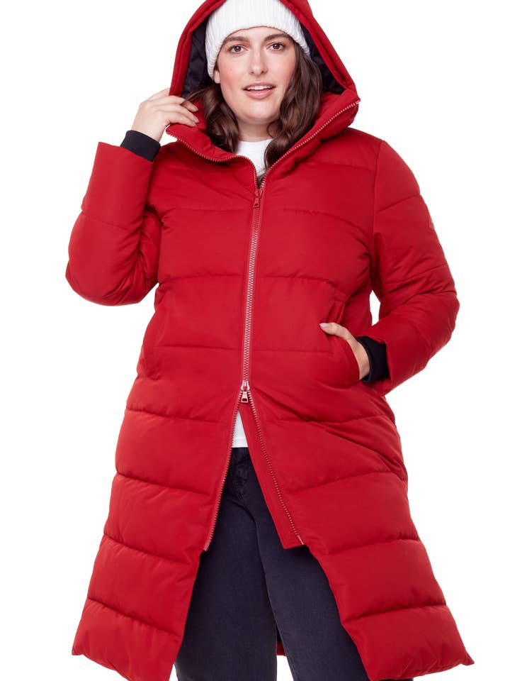 KLUANE PLUS | WOMEN'S VEGAN DOWN (RECYCLED) ULTRA LONG LENGTH PARKA, DEEP RED (PLUS SIZE) for wholesale by Alpine North CA