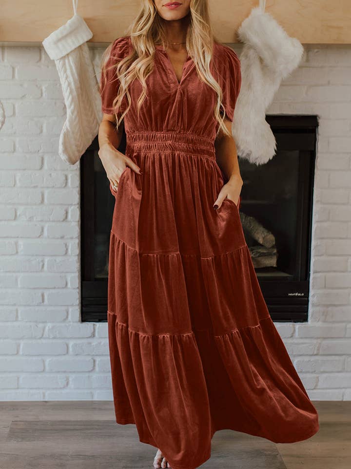 Chestnut Velvet Short Sleeve Shirred Waist Tiered Maxi Dress and other Purchase Wholesale boho dresses. Free Returns & Net 60 Terms on Faire trending on Faire.