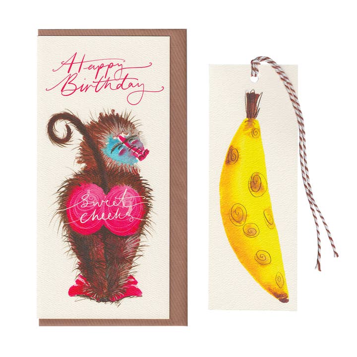 Carte de vœux avec marque-page découpé - Joyeux anniversaire Babouin pour la vente par Bella & The Moon