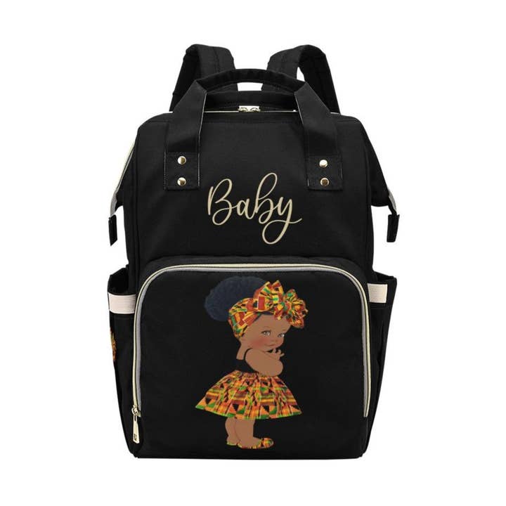 Sac à langer design - Bébé fille afro-américaine ethnique - Sac à dos multifonction noir pour la vente par TJtoddles.com
