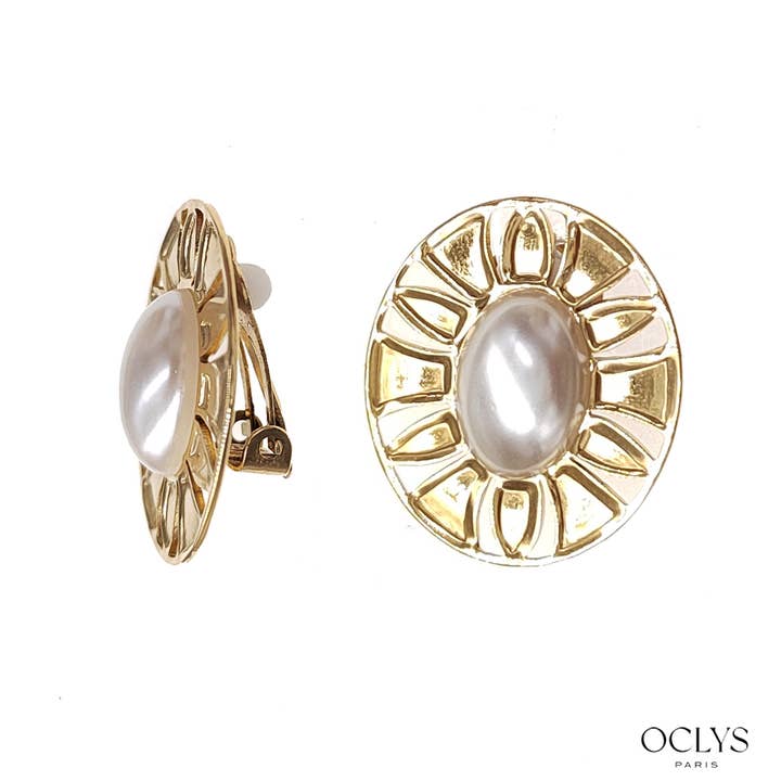 Oclys - Wholesale Clip-On Earrings - Round clip-on earrings with gold stainless steel pearl1