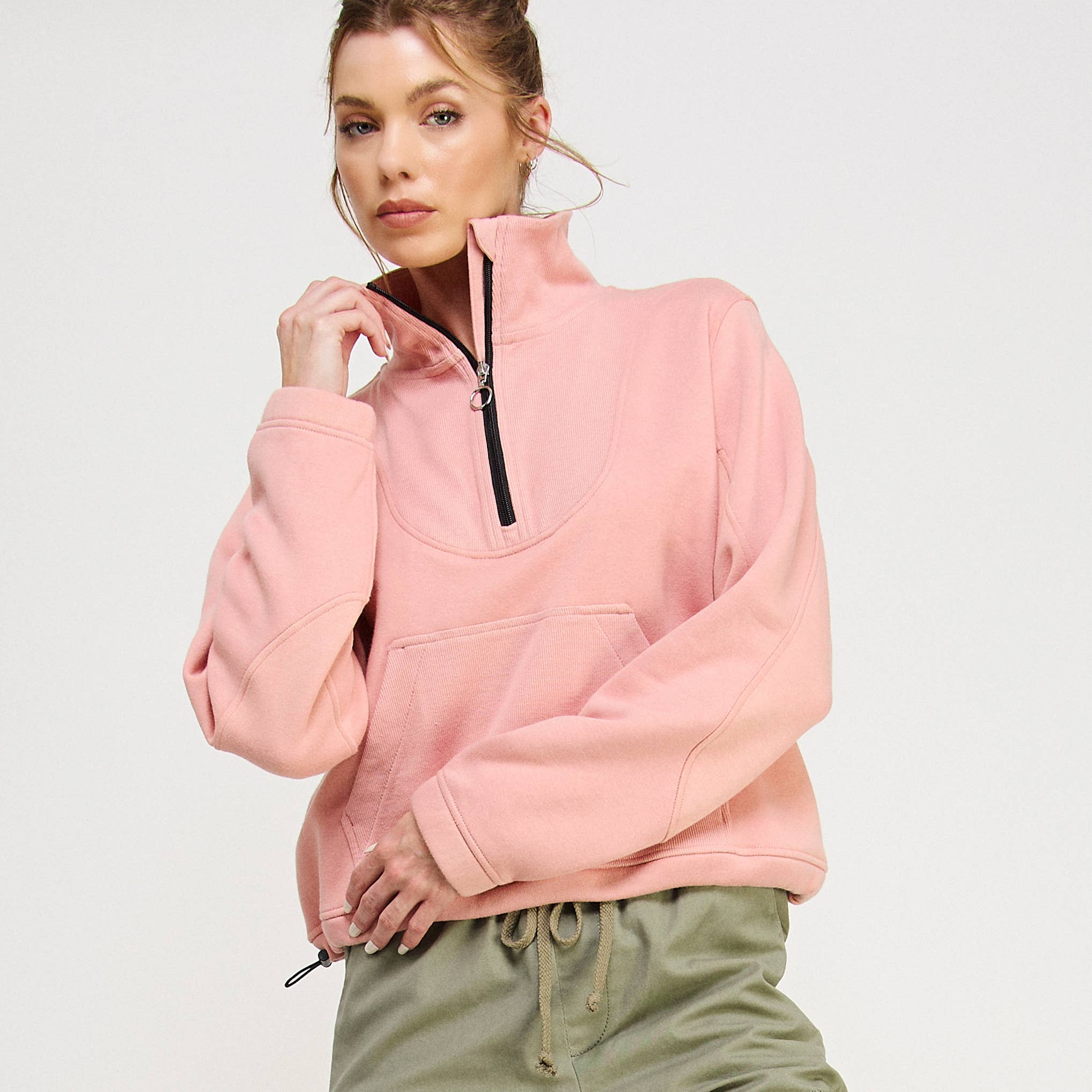 FREEZIA - Wholesale Sweatshirt - Women's - FRENCH TERRY NECK HALF ZIP SWEATSHIRT PULLOVER-FZ001210