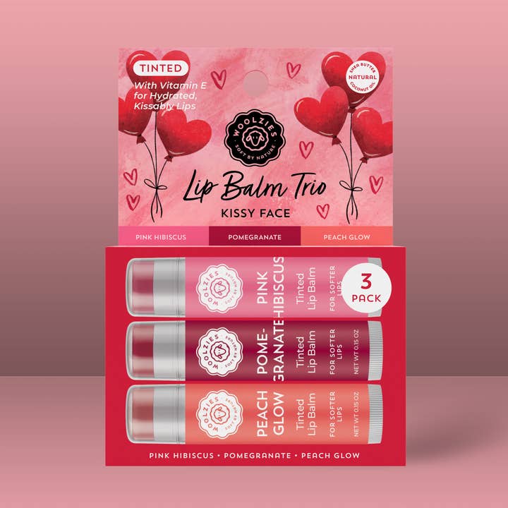 Natural Shea Butter Lip Balm Trio – Kissy Face (Hearts) for wholesale by Woolzies