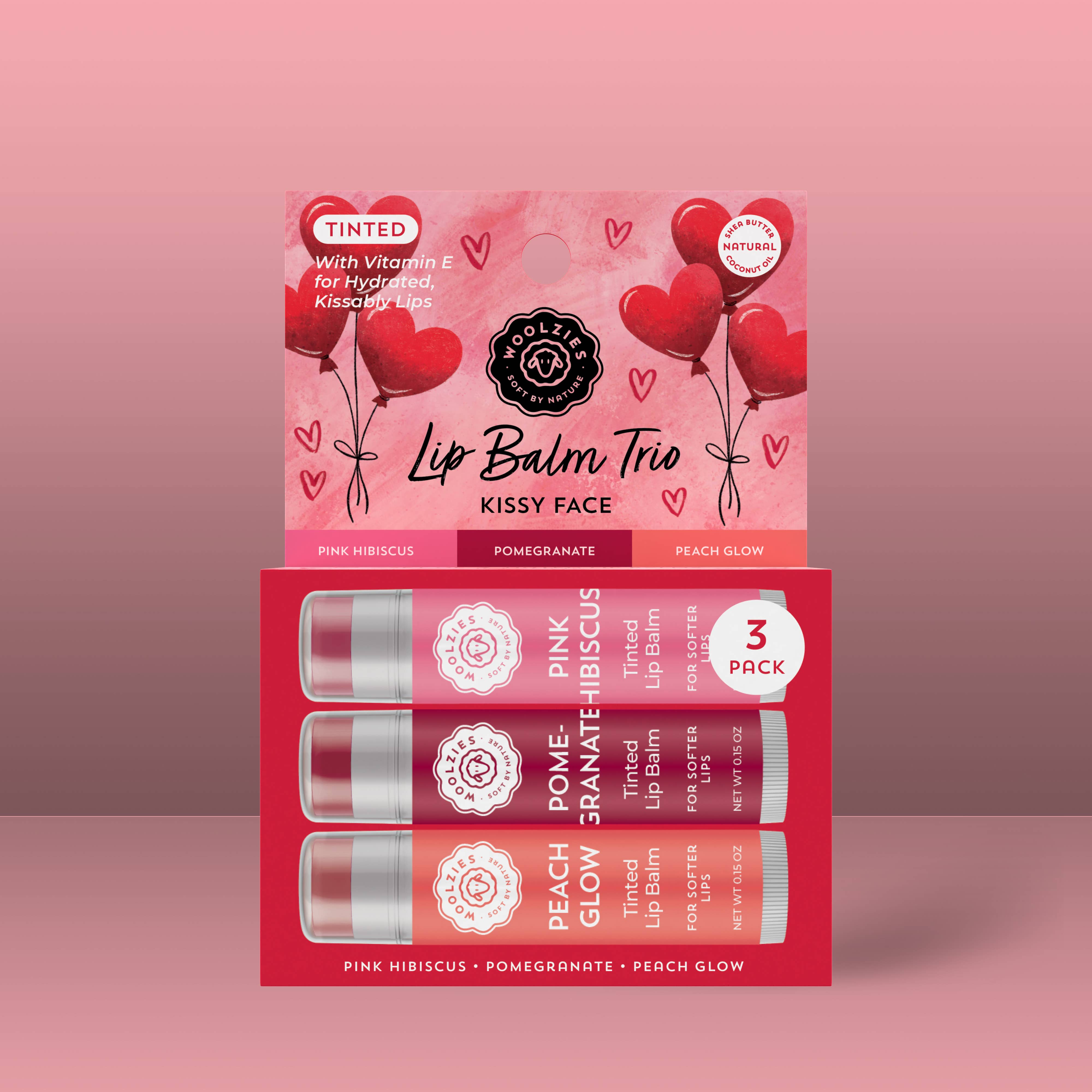 Woolzies - Wholesale Lip Balm Set - Natural Shea Butter Lip Balm Trio – Kissy Face (Hearts)