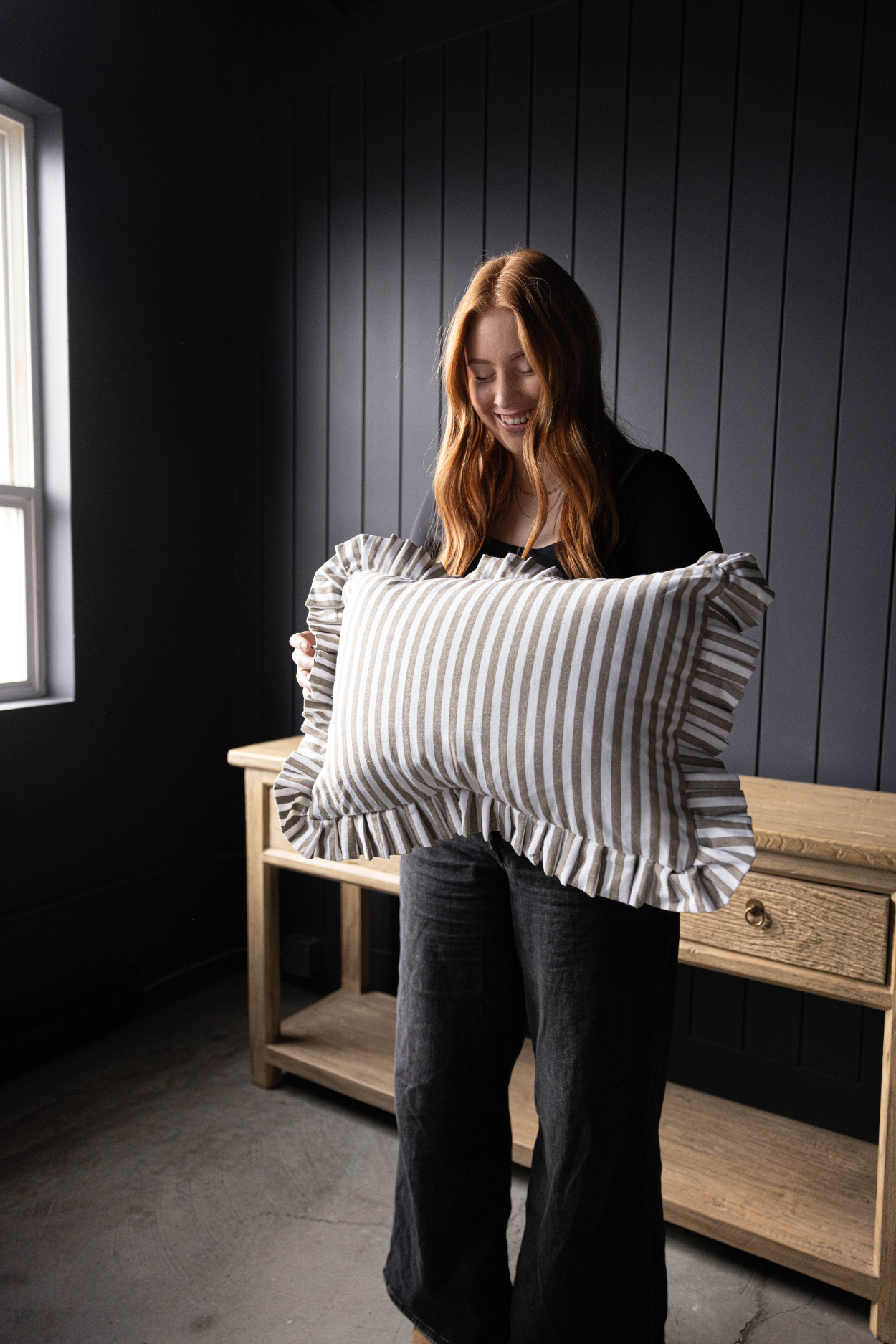 Luxe B Co - Wholesale Throw Pillow Cover - Ruffle Lumbar Pillow Cover Olive Green Stripes1