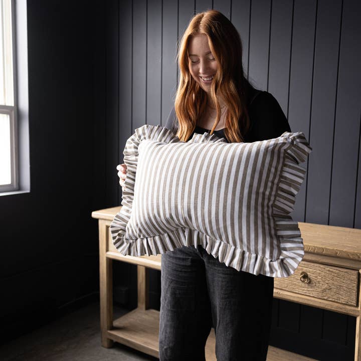 Luxe B Co - Wholesale Throw Pillow Cover - Ruffle Lumbar Pillow Cover Olive Green Stripes1