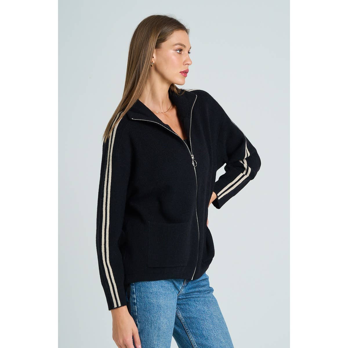 The GREii - Vente Pull en maille – femme - Pull en tricot à manches rayées et fermeture éclair10
