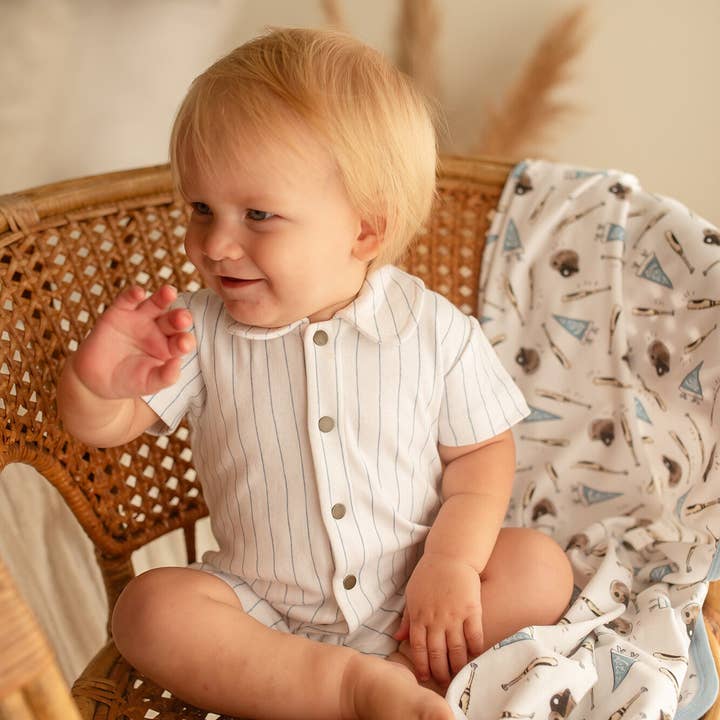 Pool Pinstripe | Organic S/Sleeve Romper for wholesale by L'ovedbaby