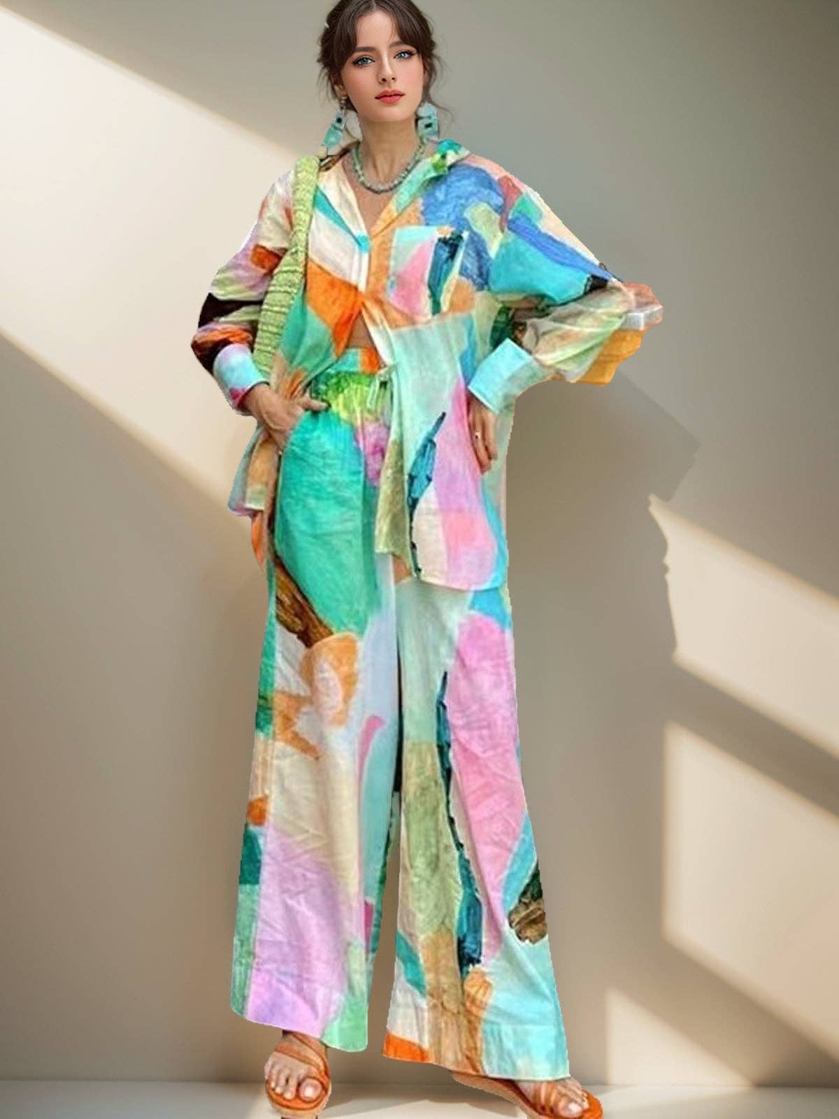 MULTI Graphic Shirt and Wide-Leg Pants Set for wholesale on Faire2