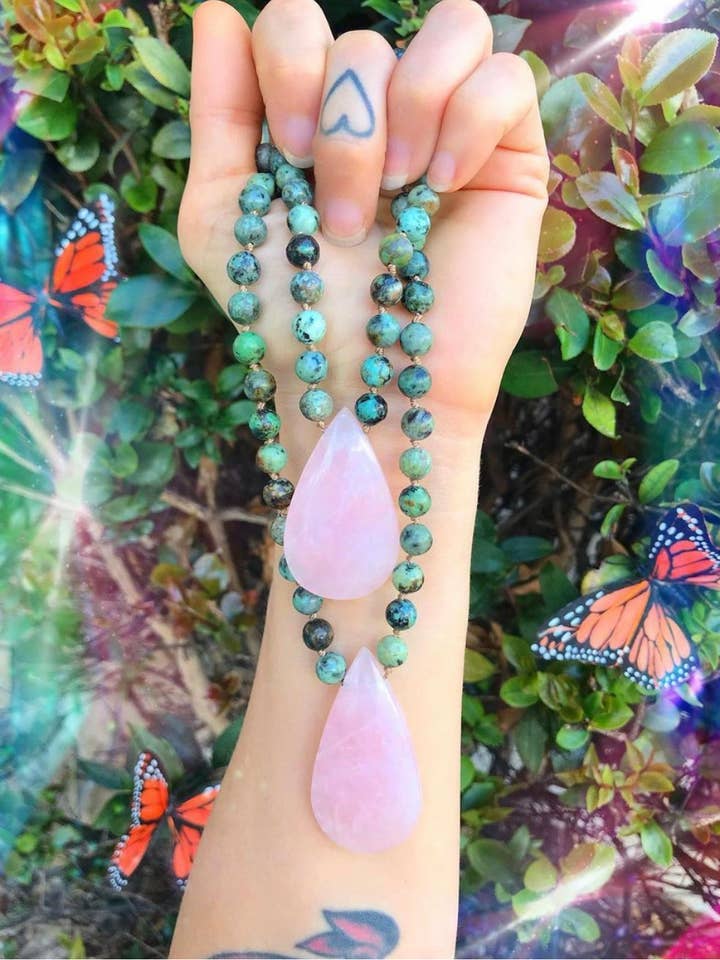 Rose Quartz & African Turquoise Hand knotted Necklace for wholesale by Wingostarrjewelry