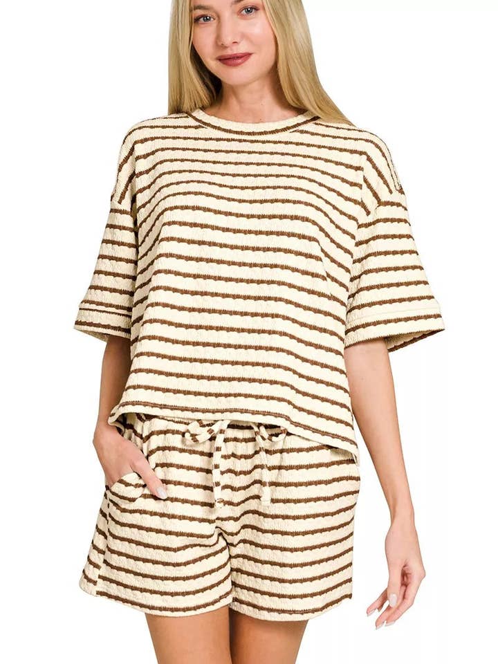 Zenana Striped Short Sleeve Tee & Shorts Set for wholesale by React Activewear