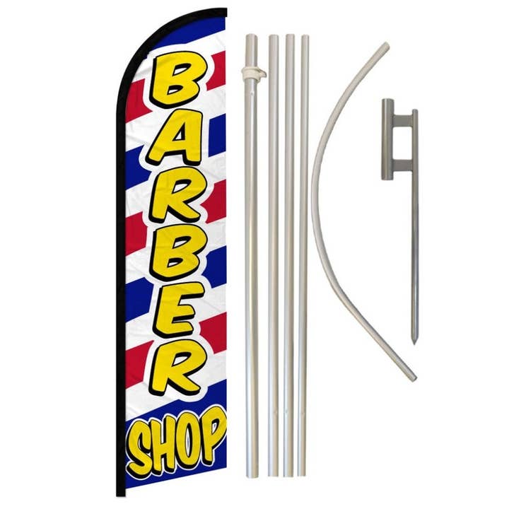 Enseigne de Barbier (Lettres) Bannière sans vent & Kit de Mât pour la vente par Flags Importer