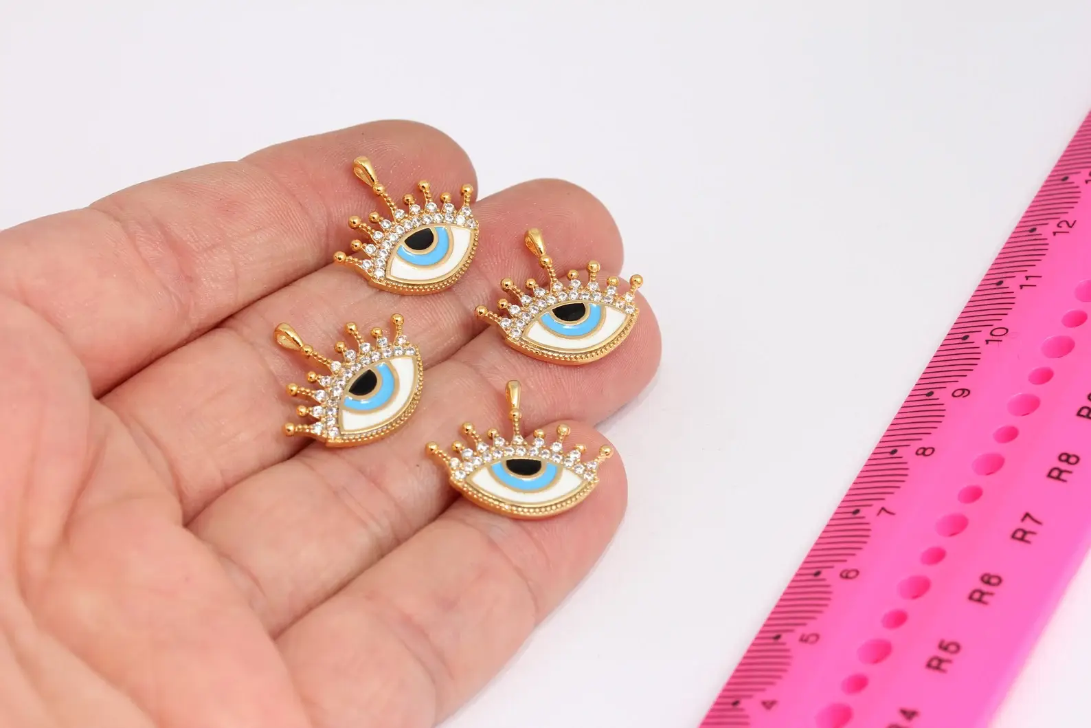 QueenJewelryM - Wholesale Stud/Post Earrings - 18x21mm 24k Shiny Gold CZ Micro Pave Evil Eye, MTE6700