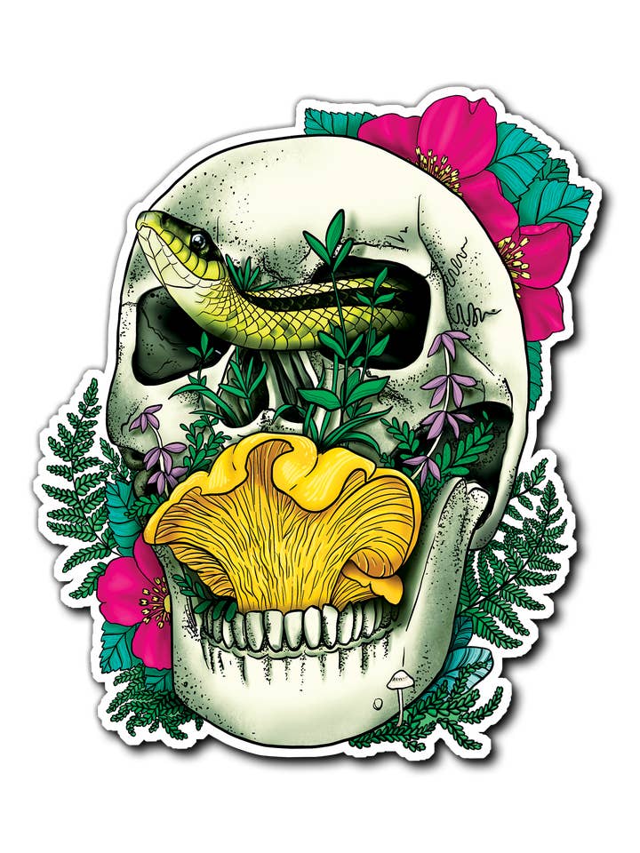 Skull, Snake and Chanterelle Mushroom Sticker for wholesale by Mushroom Marauder