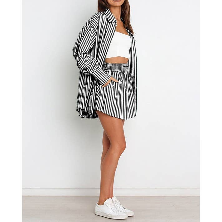 Mapcie - Wholesale Top & Pant Set (NOT Loungewear) - Women's - Striped Oversized Shirt and Drawstring Shorts Set16