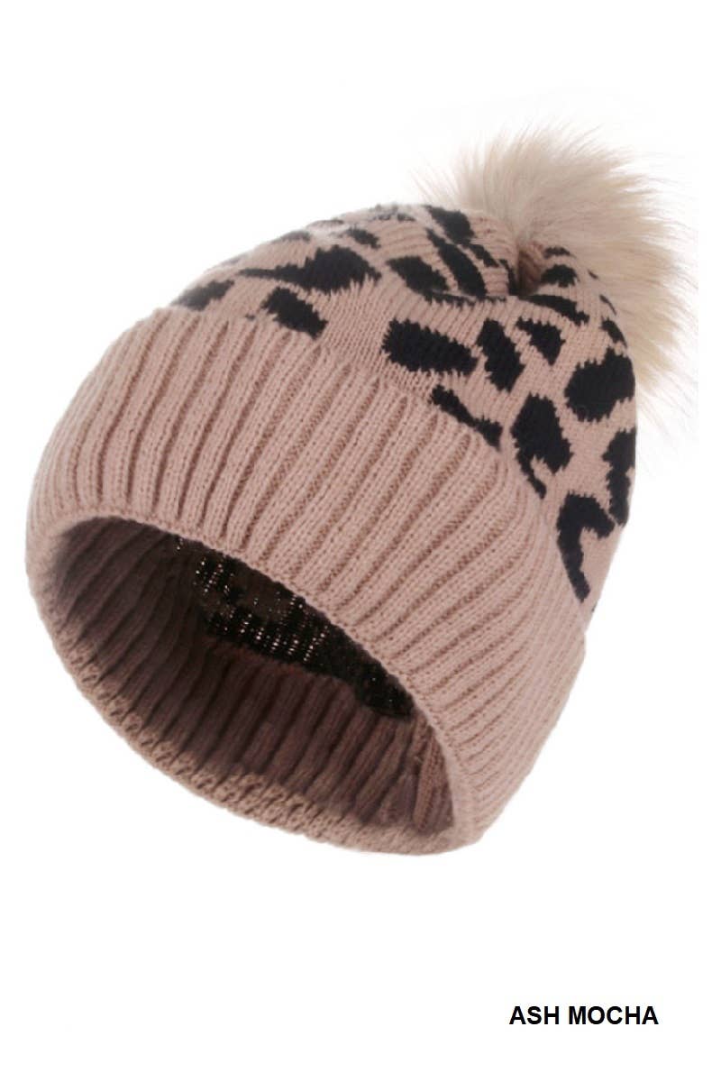 Vanilla Monkey – Engroshandel Beanie - Dame – Leopardmønstret strikket pom pom hue0