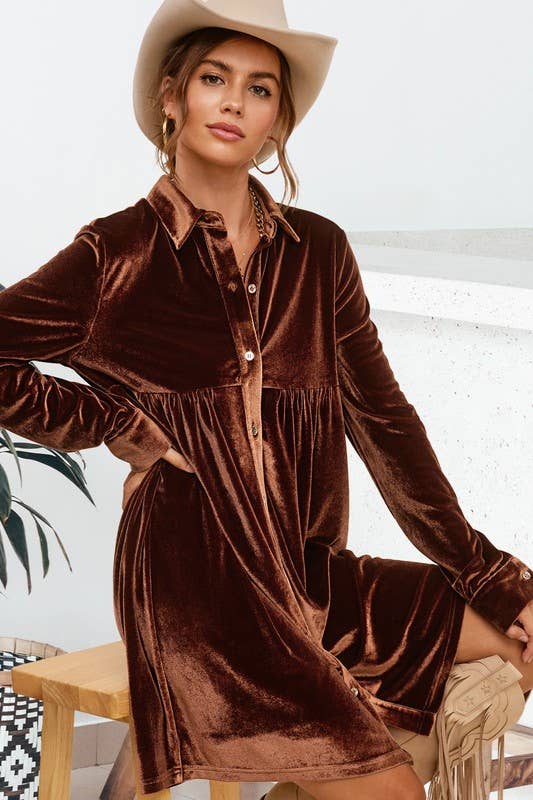 La Miel - Vendita all'ingrosso Vestito - Donna - Vestito in velluto morbido con colletto e bottoni La Miel15