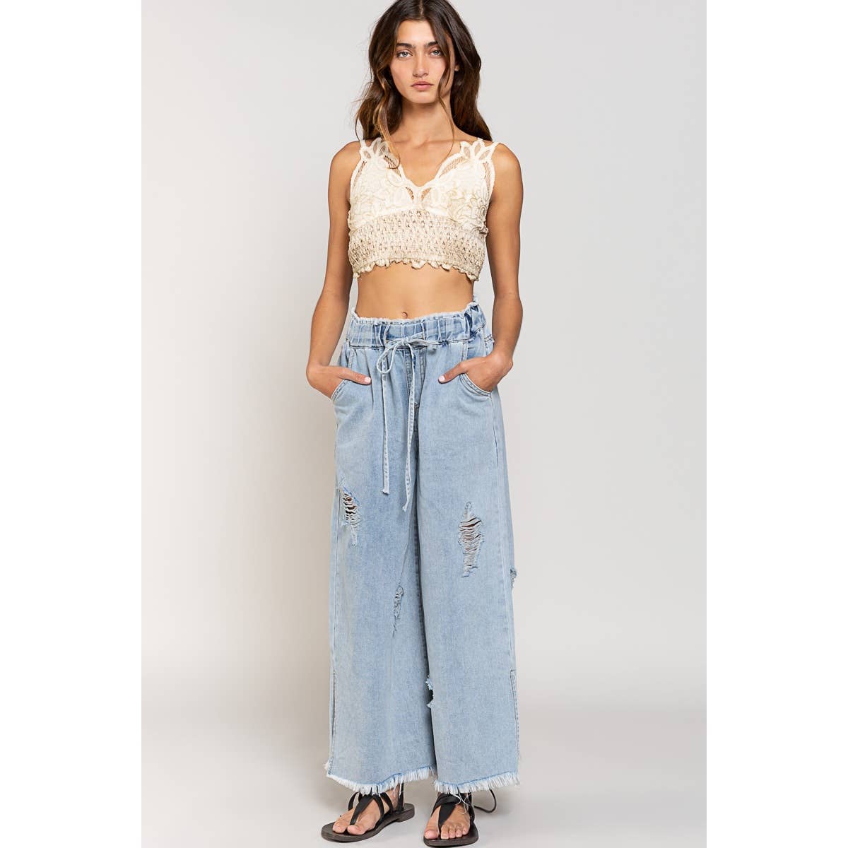 Pol Clothing - Wholesale Jeans - Women's - Wide Leg Drawstring Elastic Waist Distressed Denim Pants3