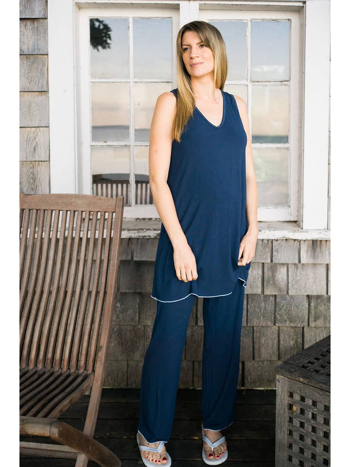 Mimi Island Loungewear - Wholesale Nightgown - Women's - The Island Nightdress - Bay Blue (Dark Blue)/White Trim2