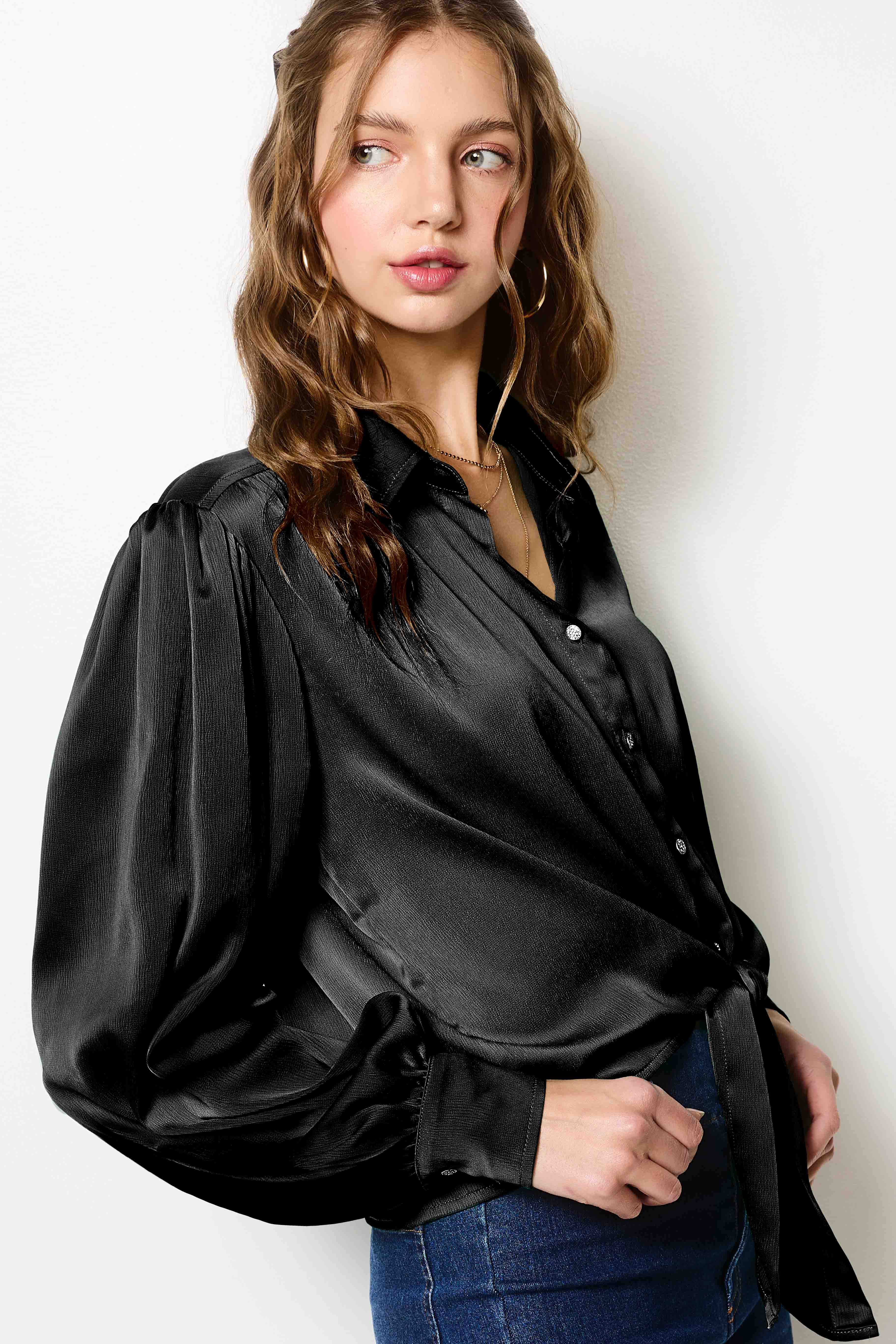 La Miel - Wholesale Button Down Shirt - Women's - SRT7806-Flowy Button Down Balloon Sleeve Tie-Front Shirt12