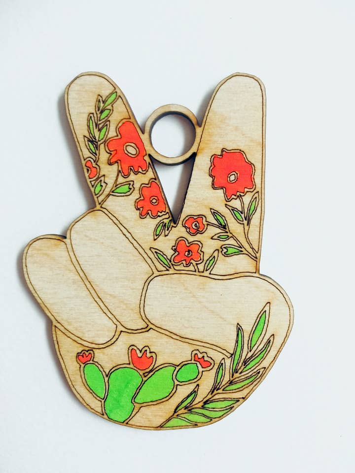 Peace Sign Wildflowers Wood Hand Painted Ornament for wholesale by Pink Puddle Studio