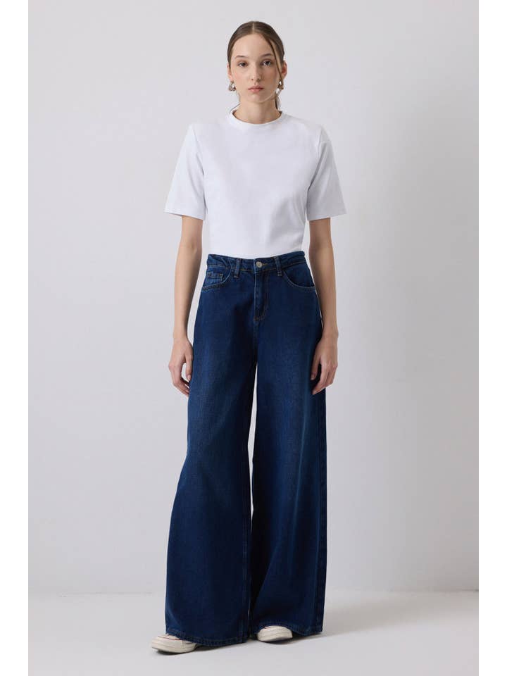 HIGH WAIST DARK WASH WIDE LEG DENIM JEANS for wholesale on Faire