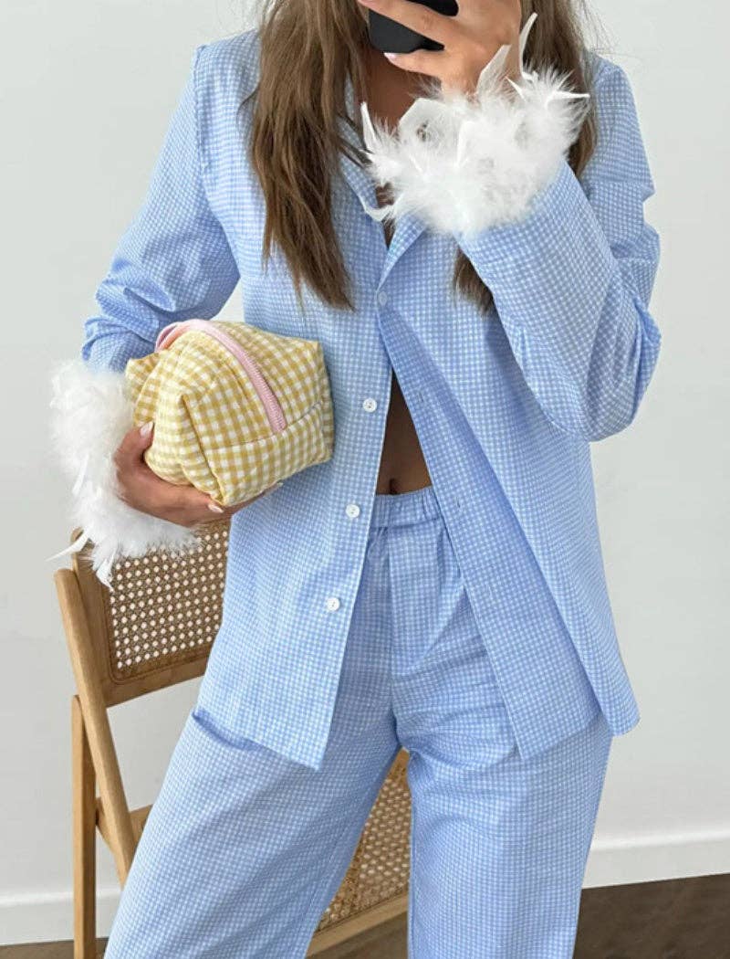 AZSHOP Trading LLC - Vente Haut et bas de pyjama – femme - Ensemble de pyjama long bordé de plumes9