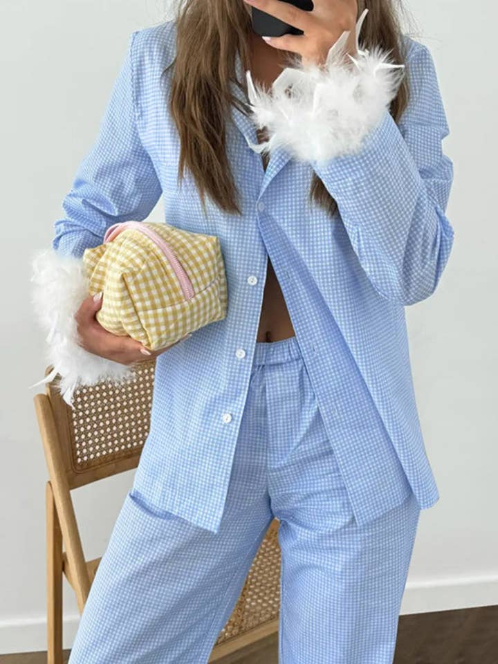 AZSHOP Trading LLC - Vente Haut et bas de pyjama – femme - Ensemble de pyjama long bordé de plumes9