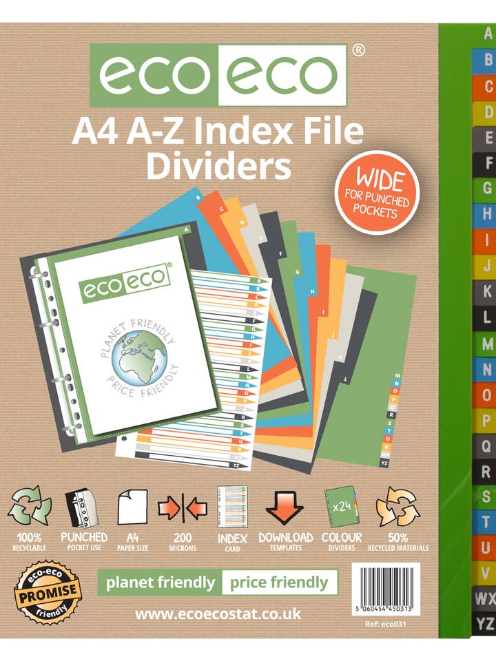 Ensemble d'intercalaires A4 50 % recyclés A-Z pour la vente par eco-eco Stationery Ltd