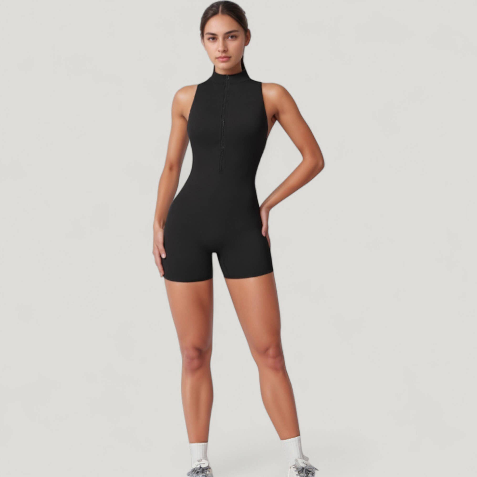 Active by Anna-Kaci - Wholesale Romper - Women's - Sleeveless Zip Front Active Romper with High Neck and Fitted1