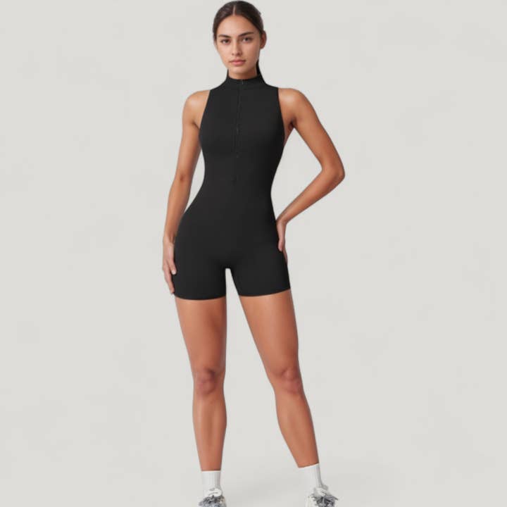 Active by Anna-Kaci - Wholesale Romper - Women's - Sleeveless Zip Front Active Romper with High Neck and Fitted1