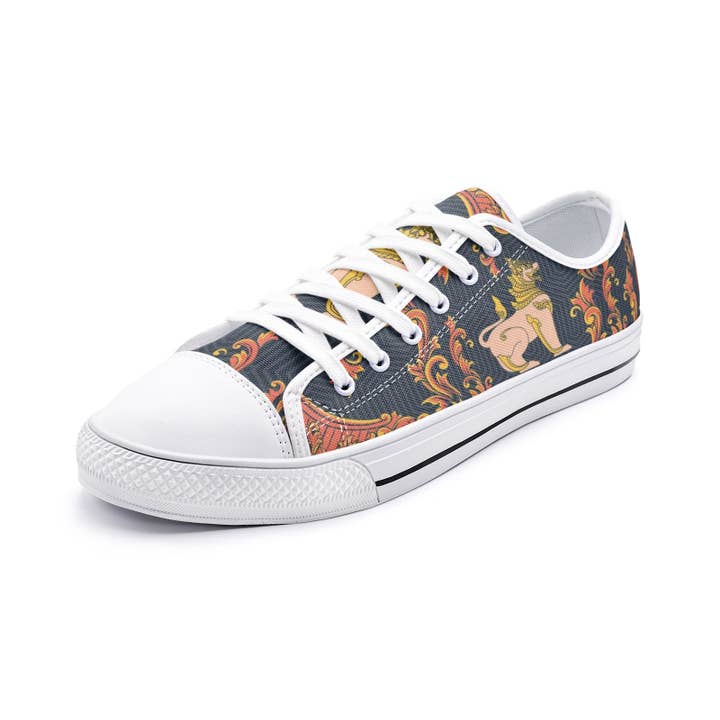 Myanmar Leeuw met Rode Kanote op Zwart - Unisex Lage Canvas Schoenen voor wholesale door Oh Pote