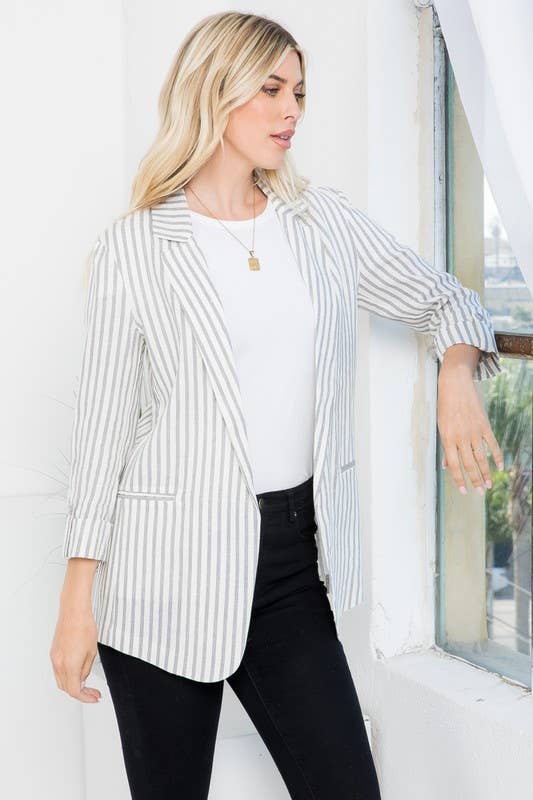 26 International - Wholesale Blazer - Women's - Linen Blend Stripe Roll Up Blazer0