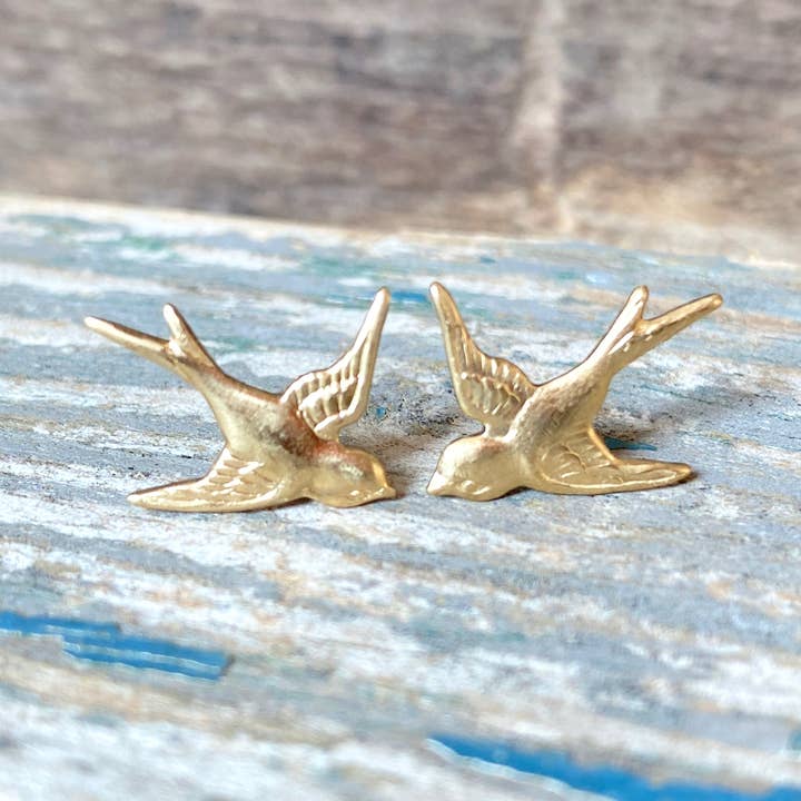 Red Truck Designs - Wholesale Stud/Post Earrings - Gold Bird Stud Earrings Bird Earrings Flying Sparrow