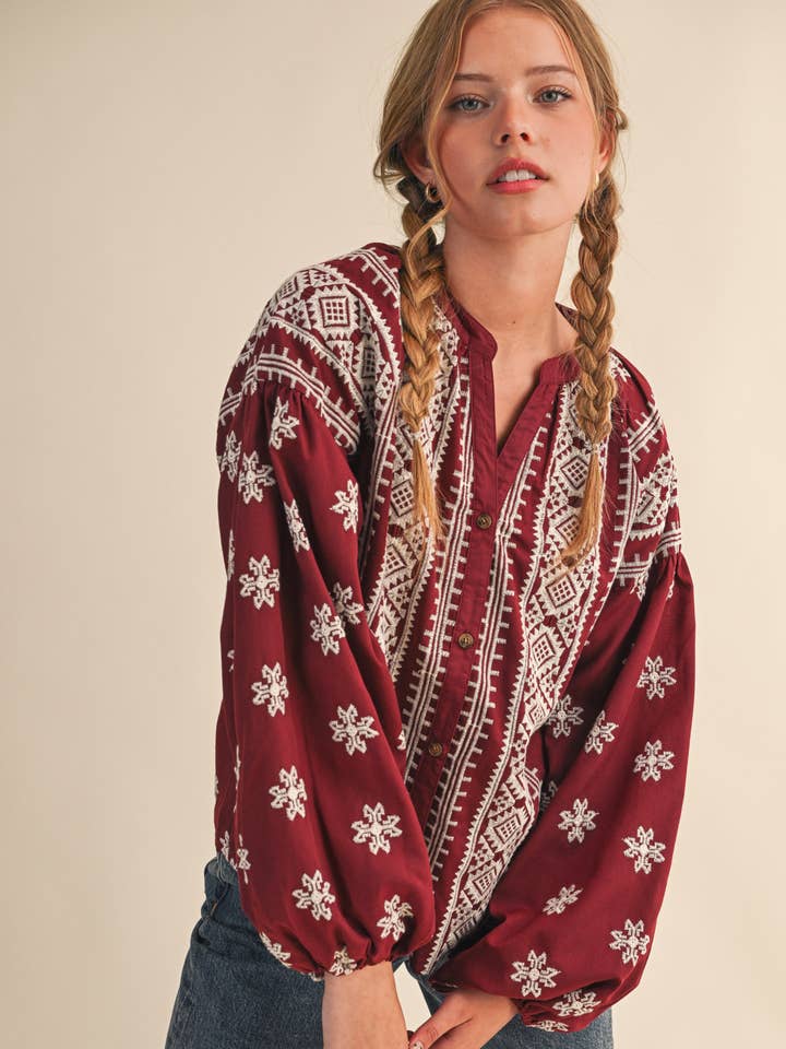 &MERCI - Wholesale Blouse - Women's - EMBROIDERED BUBBLE SLEEVE BUTTON DOWN TOP MTP43430