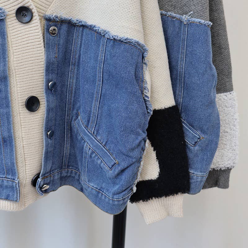 Productseeker - Wholesale Knit Top - Women's - JK104 Patchwork Denim Knitted Cardigan Sweater Jacket8