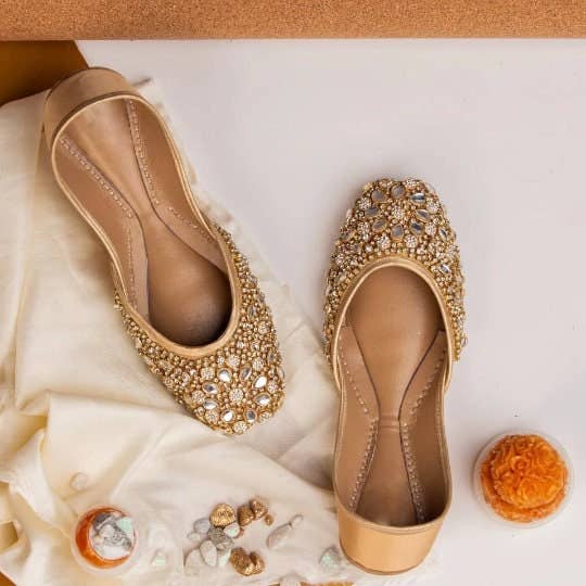 Quintessential Kundan Embellished Satin Gold Wedding Flats Jutti Khussa for wholesale on Faire4