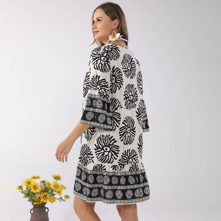 Sensibling Corp. - Wholesale Dress - Women's - Bohemian Printed V-Neck Tunic Summer Dress