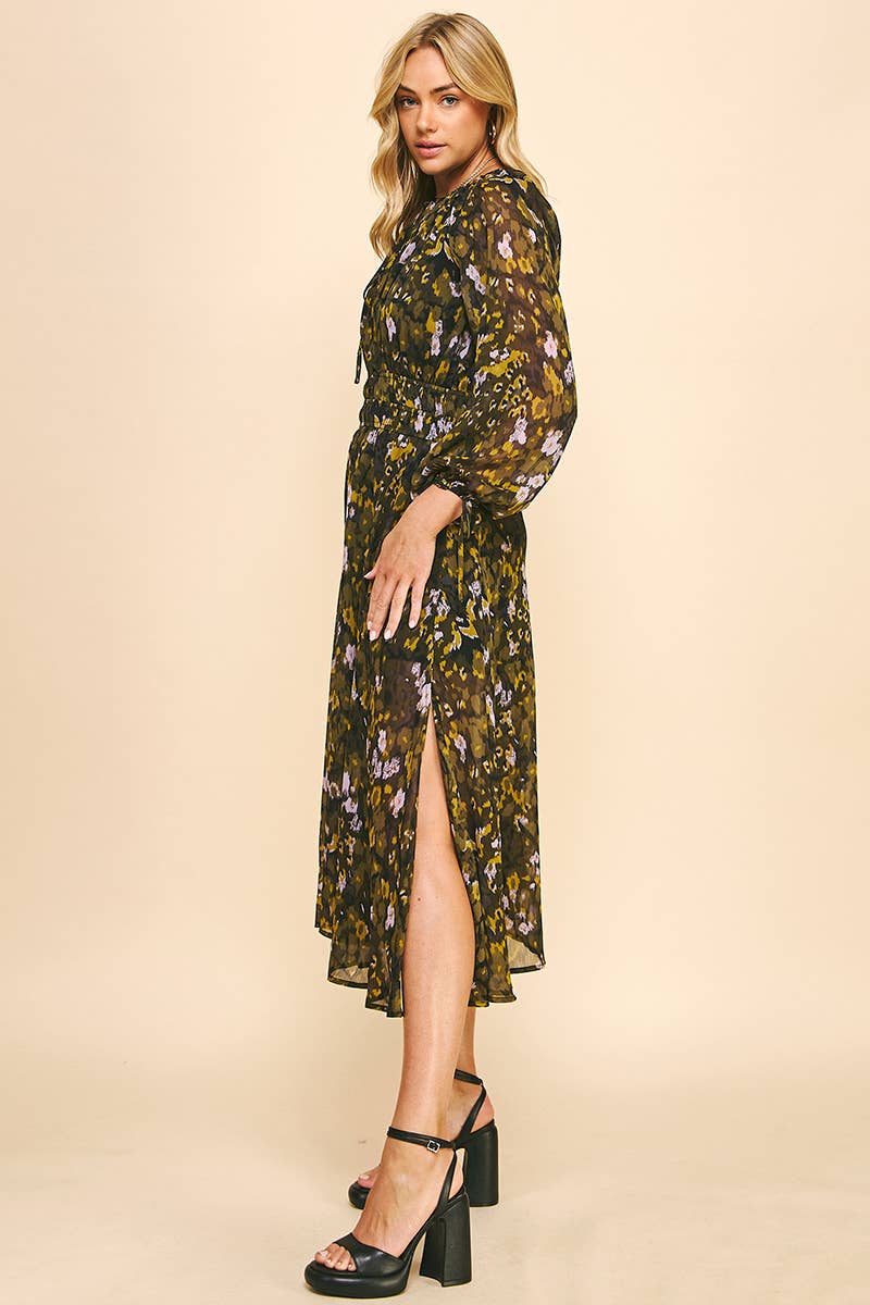 BLACK MULTI FLORAL PRINT WOVEN MIDI DRESS - 5385D for wholesale on Faire3