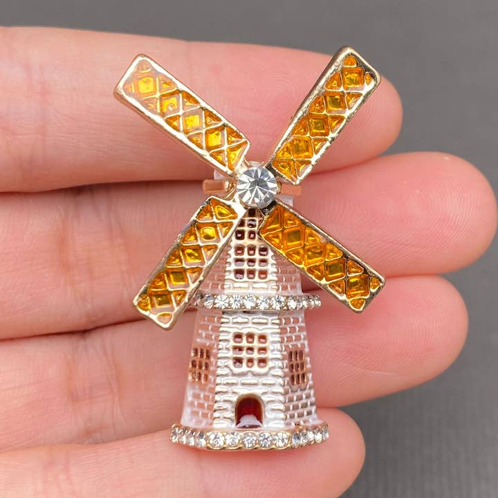 Rhinestone Inlaid Enamel Windmill Lighthouse Brooch for wholesale by Mio Queena