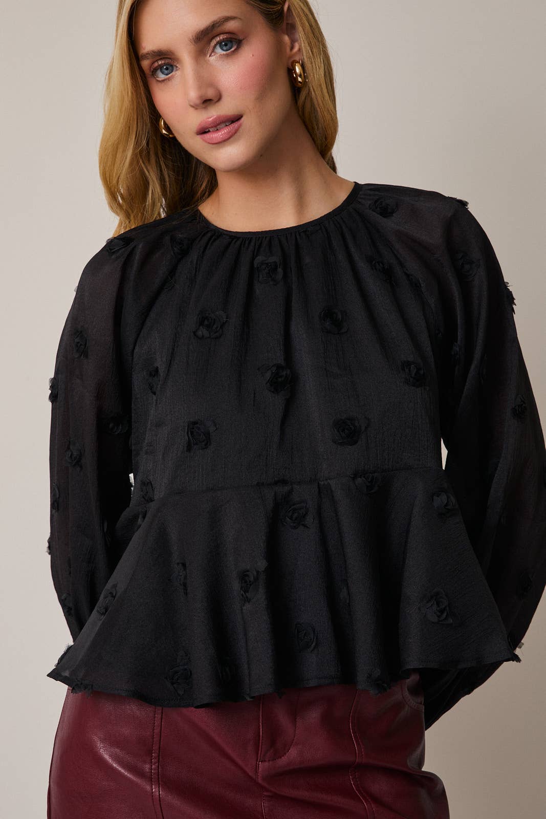 Sunday Edition - Wholesale Blouse - Women's - ROUND NECK LONG SLEEVE TIERED MESH BLOUSE5